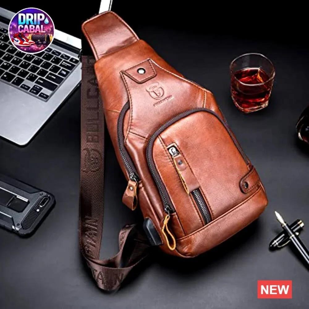 Genuine Leather Sling Bag with USB Port, Adjustable Strap